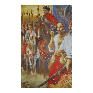 Ukrainian Cossacks Painting, Antique Soviet Art, 1970s Oil on Canvas (130-80) For Sale