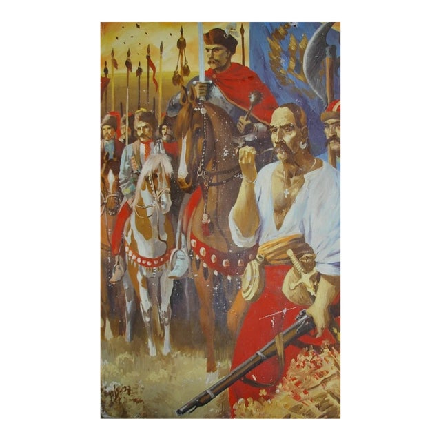Ukrainian Cossacks Painting, Antique Soviet Art, 1970s Oil on Canvas (130-80) For Sale