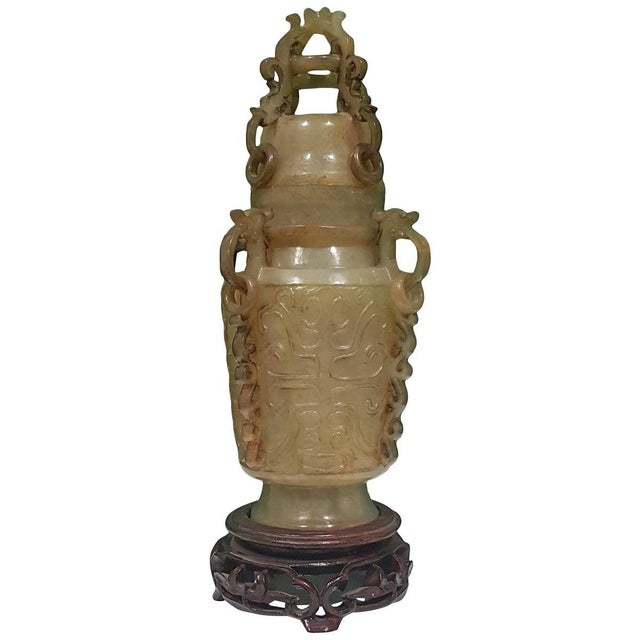 1920s Chinese Green Jade Censer with Wooden Base Friezed with Decorations, 1920s For Sale - Image 5 of 5