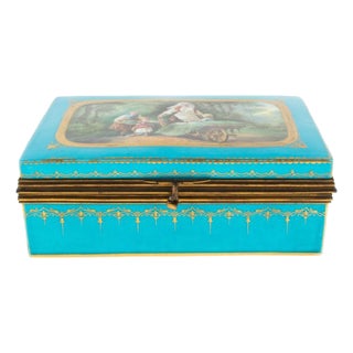 19th Century French Bleu Celeste Hand Painted Gilt Porcelain Jewellery Casket Box from Sevres For Sale