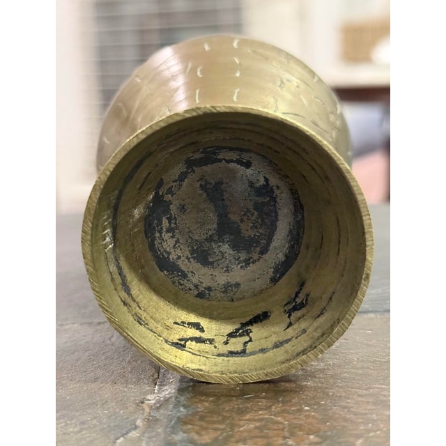 Vintage Mid Century Chinese Brass Bud Vase Etched Design Flared Rim For Sale - Image 4 of 6