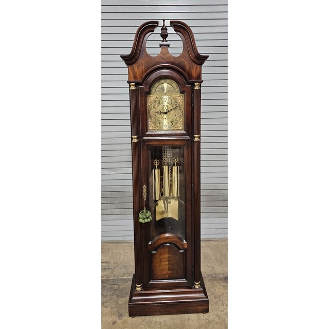 1980s Howard Miller Mahogany Chippendale Grandfather Clock Independence