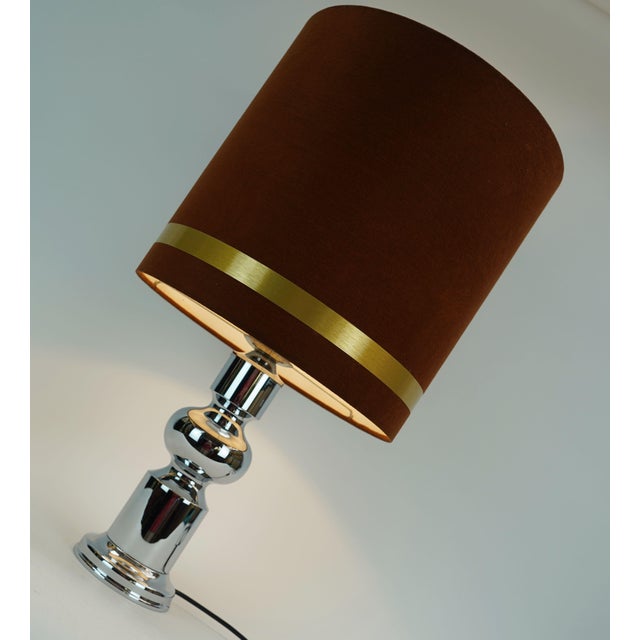 Large Table Lamp in Chrome Base and Brown Velvet Lampshade from Aro-Leuchten, 1970s For Sale - Image 10 of 12