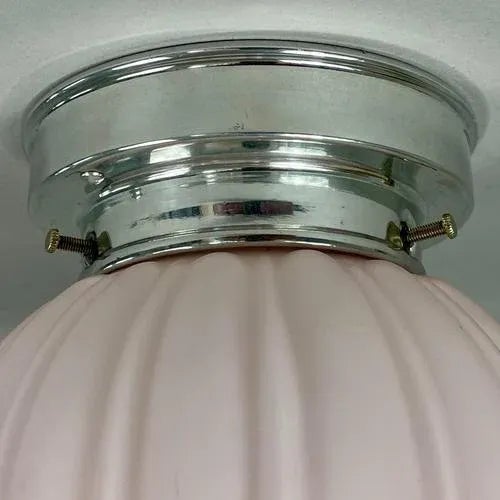 Art Deco Pink Frosted Glass and Chrome Globe Flush Mount, Sweden, 1940s For Sale - Image 6 of 13