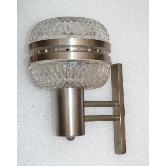 Silver Mid-Century Modern Italian Brushed Stainless Steel & Cut Glass Sconces - Pair For Sale - Image 8 of 13