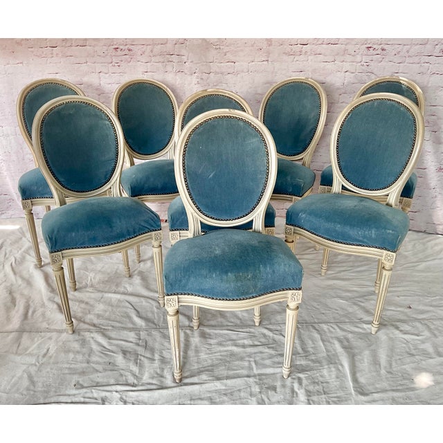 French Louis XVI Style Painted and Upholstered Dining Chairs Set of Eight For Sale - Image 10 of 10