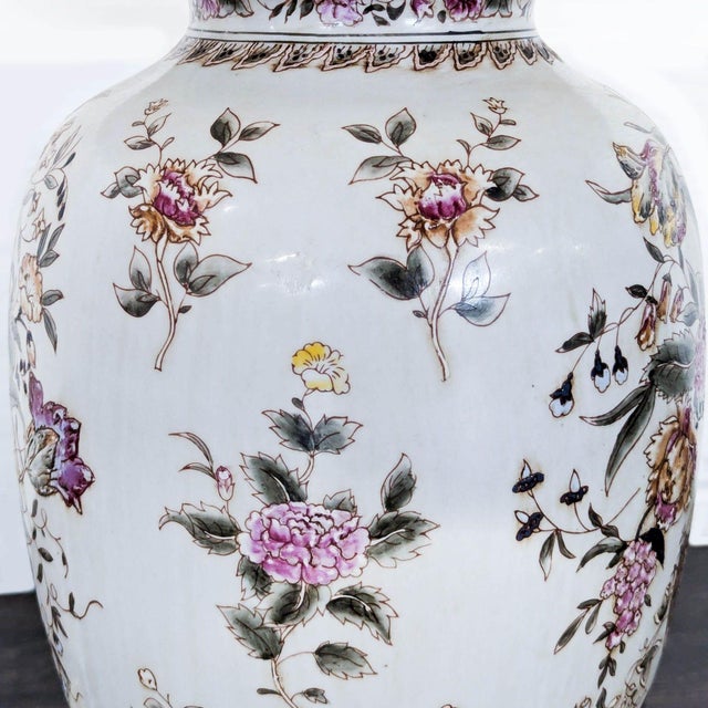 2000 - 2009 Elegant Oriental Accent Floral Ceramic Table Lamp With Classic Shade For Sale - Image 5 of 6