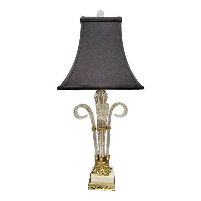 Vintage Crystal & Painted Cast Metal Table Lamp With Black Shade For Sale