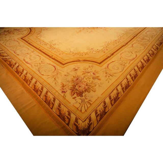 1850s Antique Masterpiece Beige Field Floral Medallion Flatweave French Aubusson Rug For Sale In New York - Image 6 of 7
