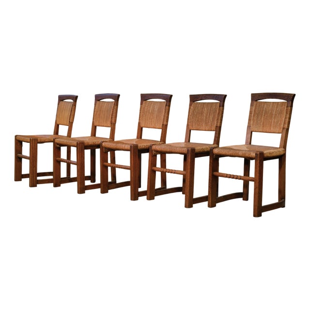 Oak and Rush Chairs in the style of Charles Dudouyt, 1950s, Set of 5 For Sale