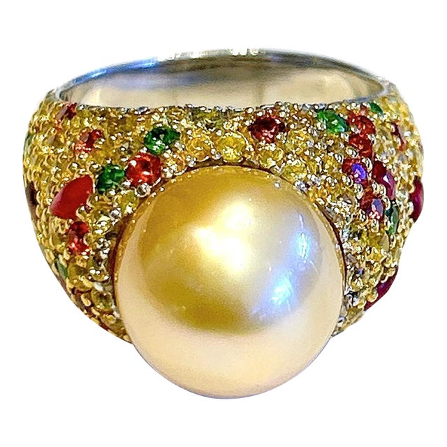 Bochic “Orient” Vintage Ruby, South Sea Pearl & Sapphire Ring Set 18K Gold & Silver For Sale