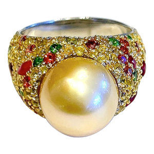 Bochic “Orient” Vintage Ruby, South Sea Pearl & Sapphire Ring Set 18K Gold & Silver