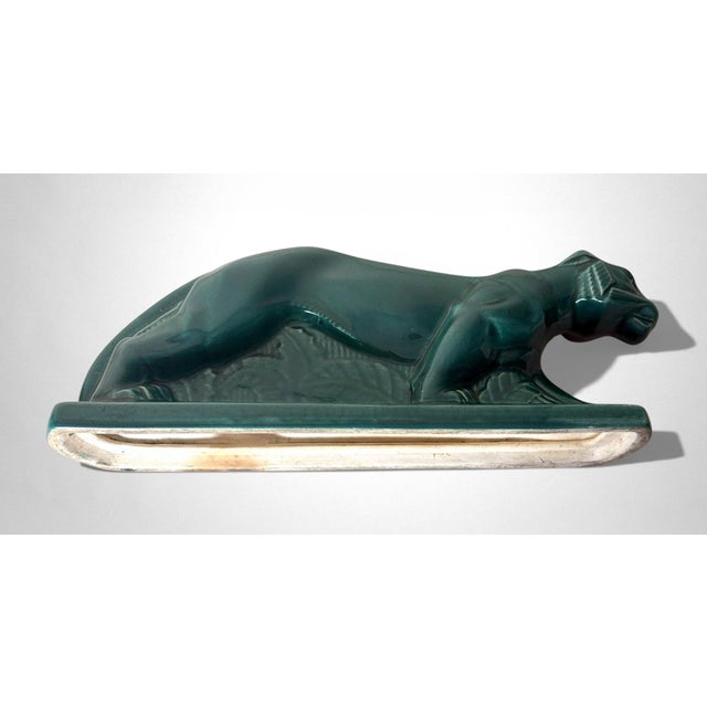 Mid 20th Century Art Deco Saint-Clément Style Panther France Green-Glazed Ceramic For Sale - Image 13 of 18