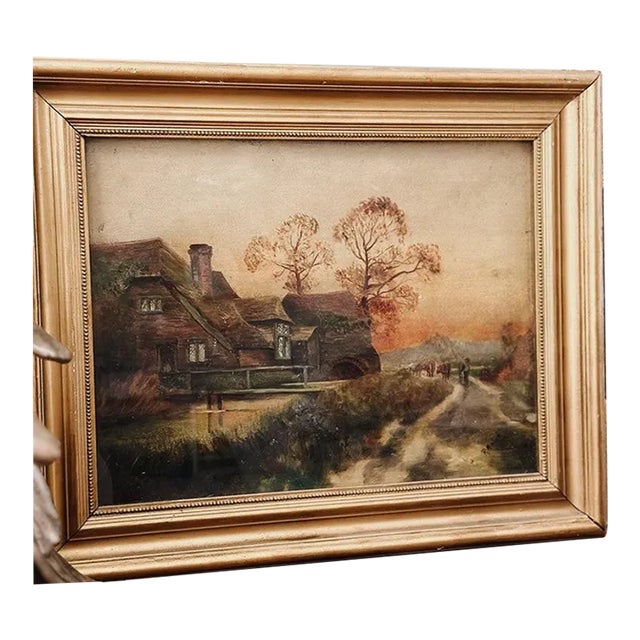 Original Antique European Oil Painting, Rural Cottage Scene by R.nolde For Sale