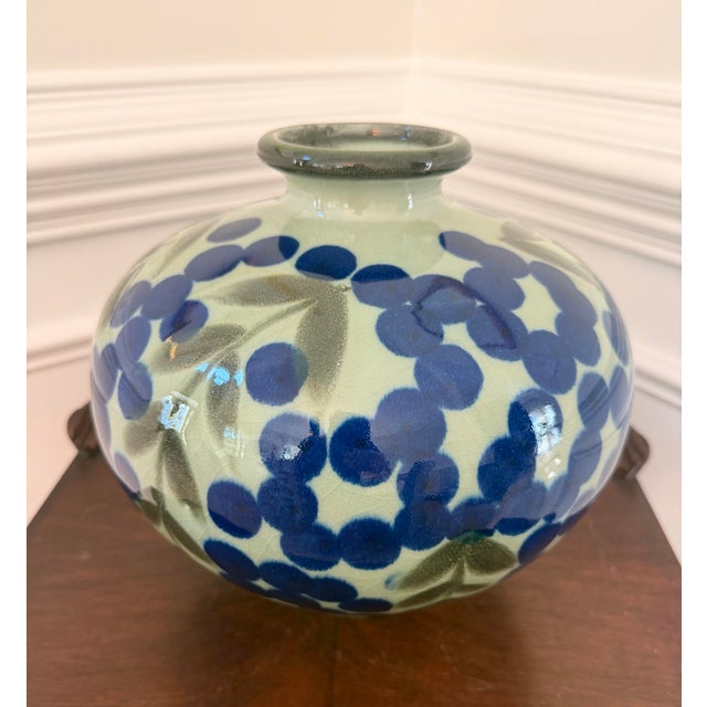 Chinoiserie Hand-Painted Blue Floral Celadon Green Ceramic Vase For Sale - Image 3 of 7