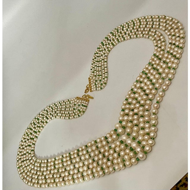 Gemstone 7Layer Fresh Water Pearl , Emerald Bead + 14K Spacer Clasp Opera Length Necklace For Sale - Image 7 of 18