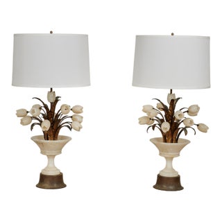Vintage Pair of Italian Gilt Metal and Alabaster Floral Table Lamps For Sale