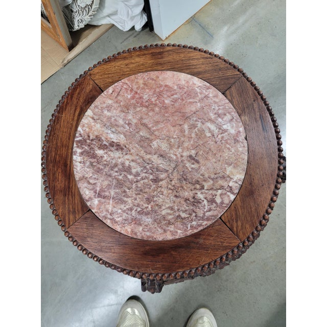 Coffee Carved Asian Plant Stand/Drinks Table W/Marble Top For Sale - Image 8 of 10