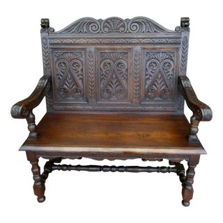 Antique Victorian Carved Country Oak Settle Bench, 1830 For Sale