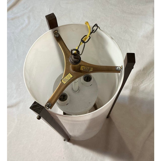 Vintage Hanging Light Pendant Light Fixture, 24” Cylinder White Acrylic Walnut Brass Accents, McFadden Lighting For Sale - Image 11 of 11