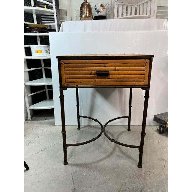 Vintage split bamboo table with faux bamboo metal legs. In Giacometti style. Excellent size for drink table. Draw is large...