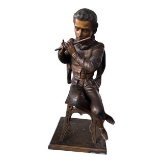 Antique Victorian Cast Metal Figural Statue Sculpture Flute Player For Sale