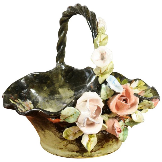 19th Century French Barbotine Jardinière Basket with High Relief Pastel Flowers For Sale - Image 11 of 11
