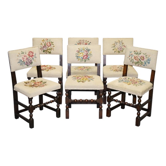 English Victorian Floral Tapestry Dining Chairs, Set of 6 For Sale
