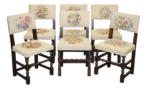 English Victorian Floral Tapestry Dining Chairs, Set of 6