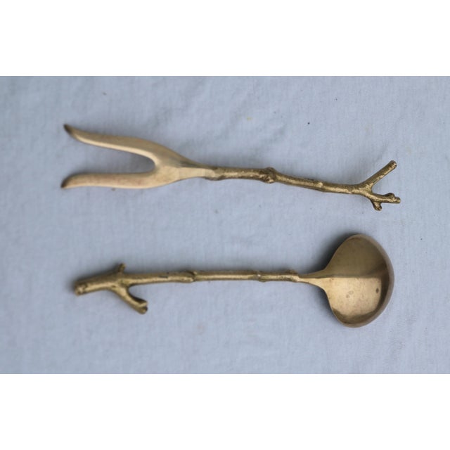 Mid-Century Modern Vintage Botanical Brass Branch Fork and Spoon Serving Set For Sale - Image 3 of 7