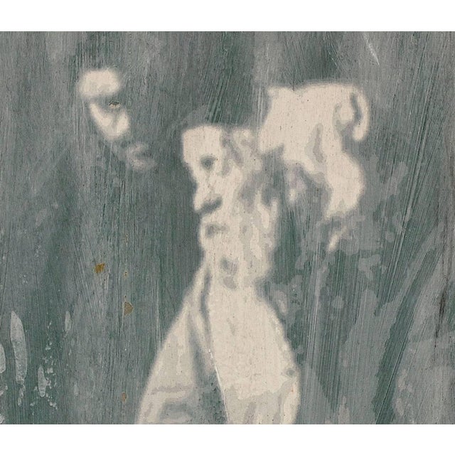 A silkscreen mixed-media work that exhibits the word "Forefathers" in Hebrew across the bottom of the piece.