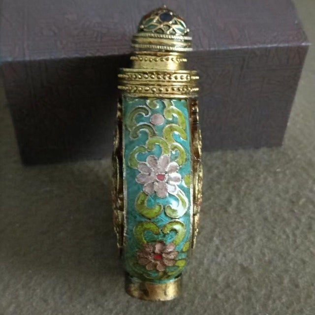 Mid 20th Century Vintage Gilt Bronze Enamel Snuff Bottle - Floral & Character Design For Sale - Image 5 of 9