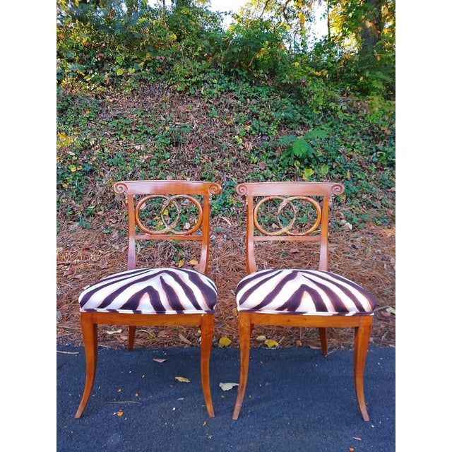 Mid 20th Century Pair of Mid 20th Century Curved Snake Walnut Regency Chairs in Ralph Lauren Zebra For Sale - Image 5 of 5