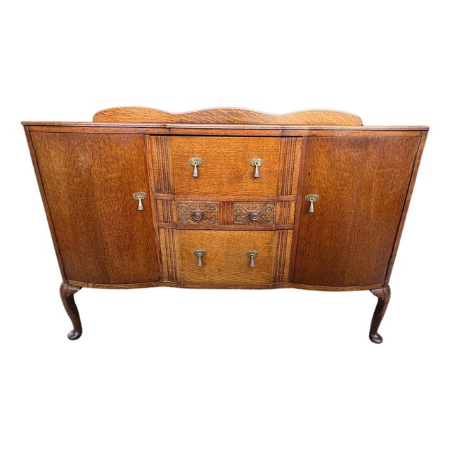 Antique Quarter Sawn Oak Buffet Sideboard With Curved Doors, C. 1928–1933 For Sale
