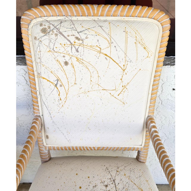 Coastal Carved Faux Rope Solid Wood Dining Chairs Abstract Upholstery Set of 6 For Sale - Image 15 of 18