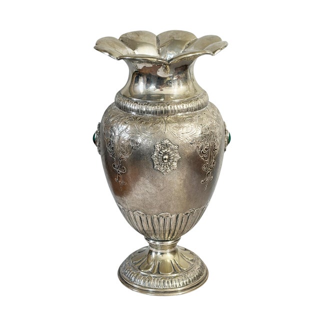 Exceptional Italian hand-chased amphora vase in 800-grade silver, showcasing Renaissance Revival and Baroque-inspired...