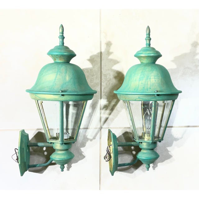 Pair Vintage Solid Brass Verdigris Carriage Lanterns-Traditional Colonial Style For Sale - Image 13 of 16
