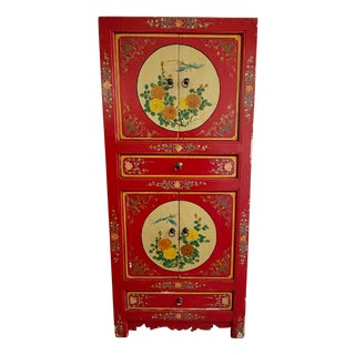 Chinoiserie Asian Wooden Cabinet with Flowers and Birds Decor For Sale