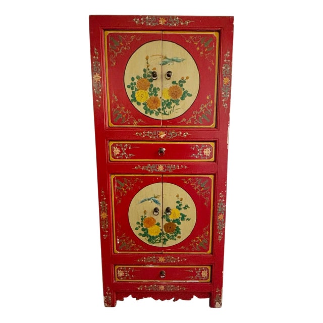 Chinoiserie Asian Wooden Cabinet with Flowers and Birds Decor For Sale