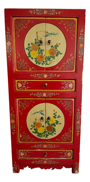 Chinoiserie Asian Wooden Cabinet with Flowers and Birds Decor