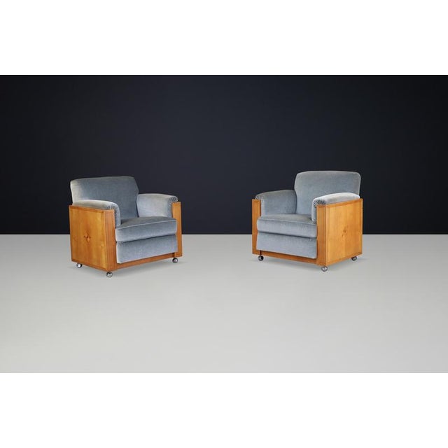 Art Deco Dutch Armchairs with Inlay Motif in Oak and Velvet, 1930s, Set of 2 For Sale - Image 10 of 11