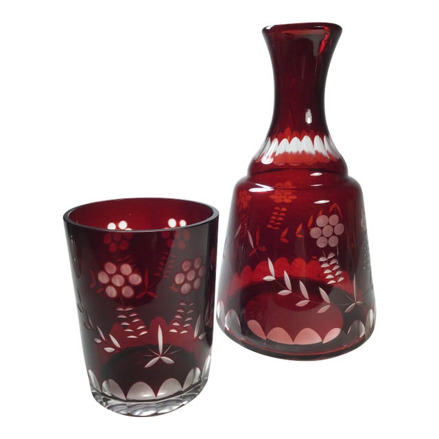 Vintage Bohemian Ruby to Clear Cut Glass Bedside Water Crafe and Drinking Glass Set- 2 Pieces For Sale