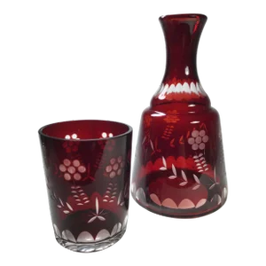 Vintage Bohemian Ruby to Clear Cut Glass Bedside Water Crafe and Drinking Glass Set- 2 Pieces