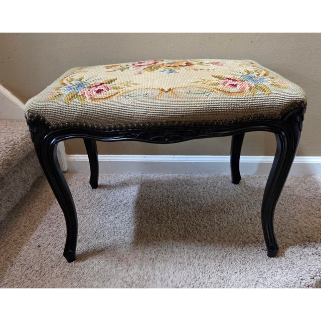 Add a touch of timeless elegance to your home. This exquisite French Louis XV style wood vanity bench features a stunning...