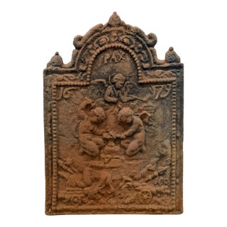 18th Century Antique English Cast Iron Pax Fireback, Dated 1679 For Sale