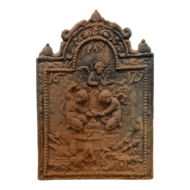 18th Century Antique English Cast Iron Pax Fireback, Dated 1679 For Sale