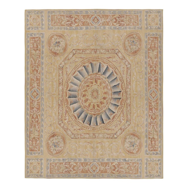 Rug & Kilim's Aubusson Style Rug in Gold & Beige With Floral Medallion For Sale