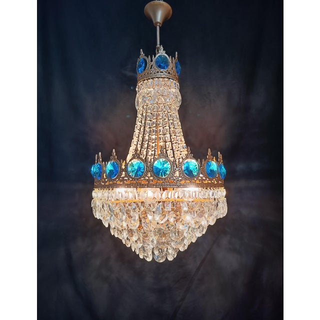 Vintage Brass Aqua Blue Crystal Chandelier For Sale - Image 10 of 12