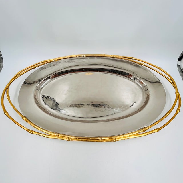 l'Objet Contemporary 24 Karat Gold & Nickel Plated Faux Bamboo Handled 24" Oval Platter Butler's Tray For Sale - Image 11 of 17