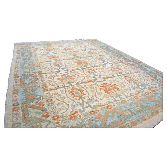 Traditional 21st Century Turkish Donegal Wool 10x13 Ivory, Blue & Orange Handmade Area Rug #1140172 For Sale - Image 3 of 7